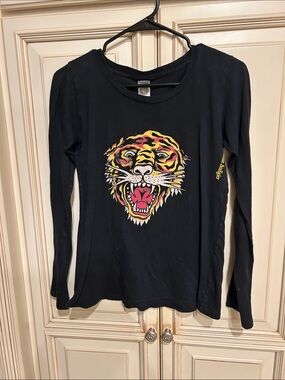 Ed Hardy Black Tee with Yellow and Pink Tiger Print